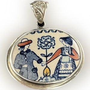 Johnson Bros. Old Granite Hearts and Flowers Broken China Sterling Oval Pendant